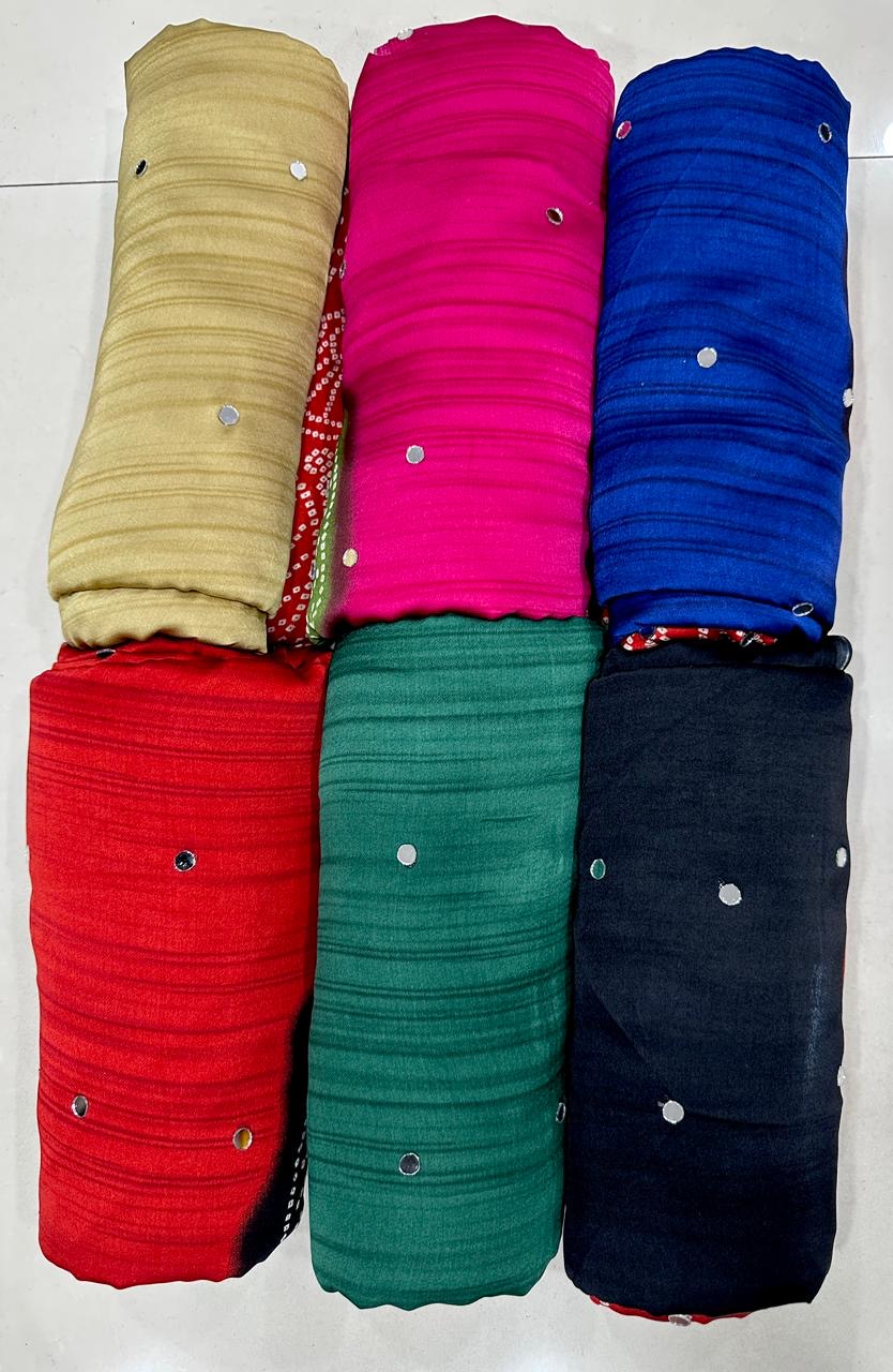 Soft satin crepe silk saree with Beautiful bandhini print and Real mirror work (prebooking)