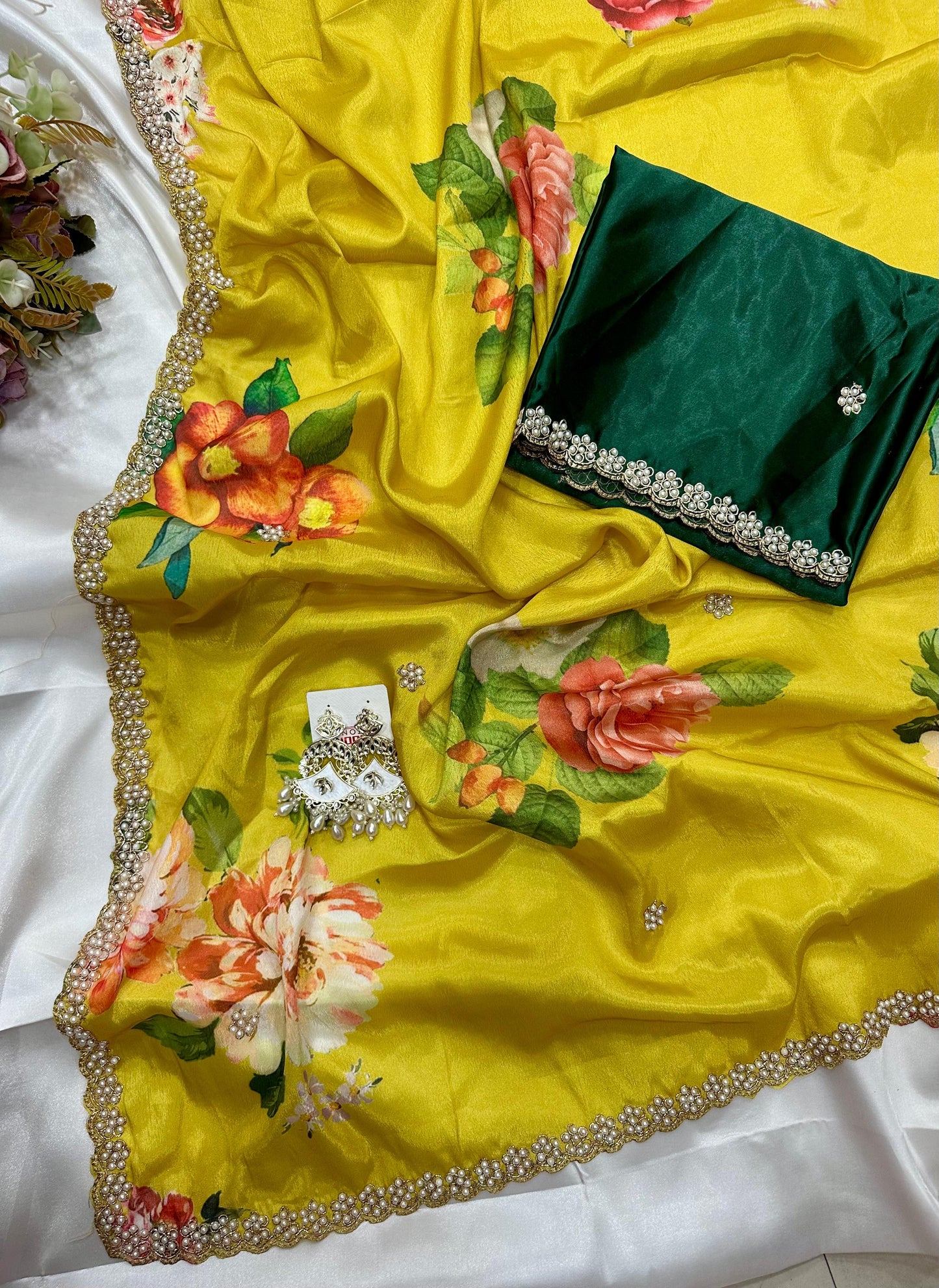 Floral chinon saree with beautiful pearl work border