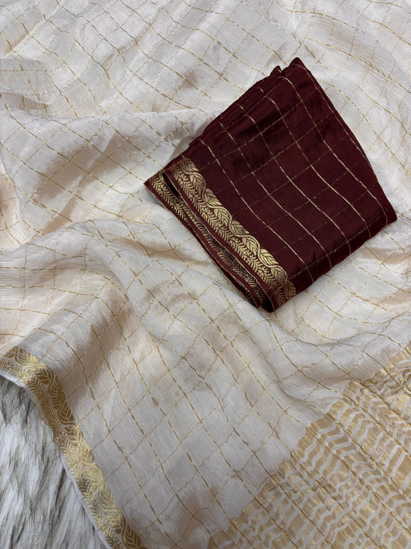 Soft viscous chinon silk saree with checks with contrast blouse
