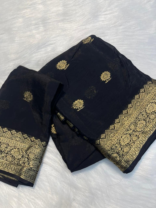 Soft viscous crepe silk with flower buttas and Banarasi border