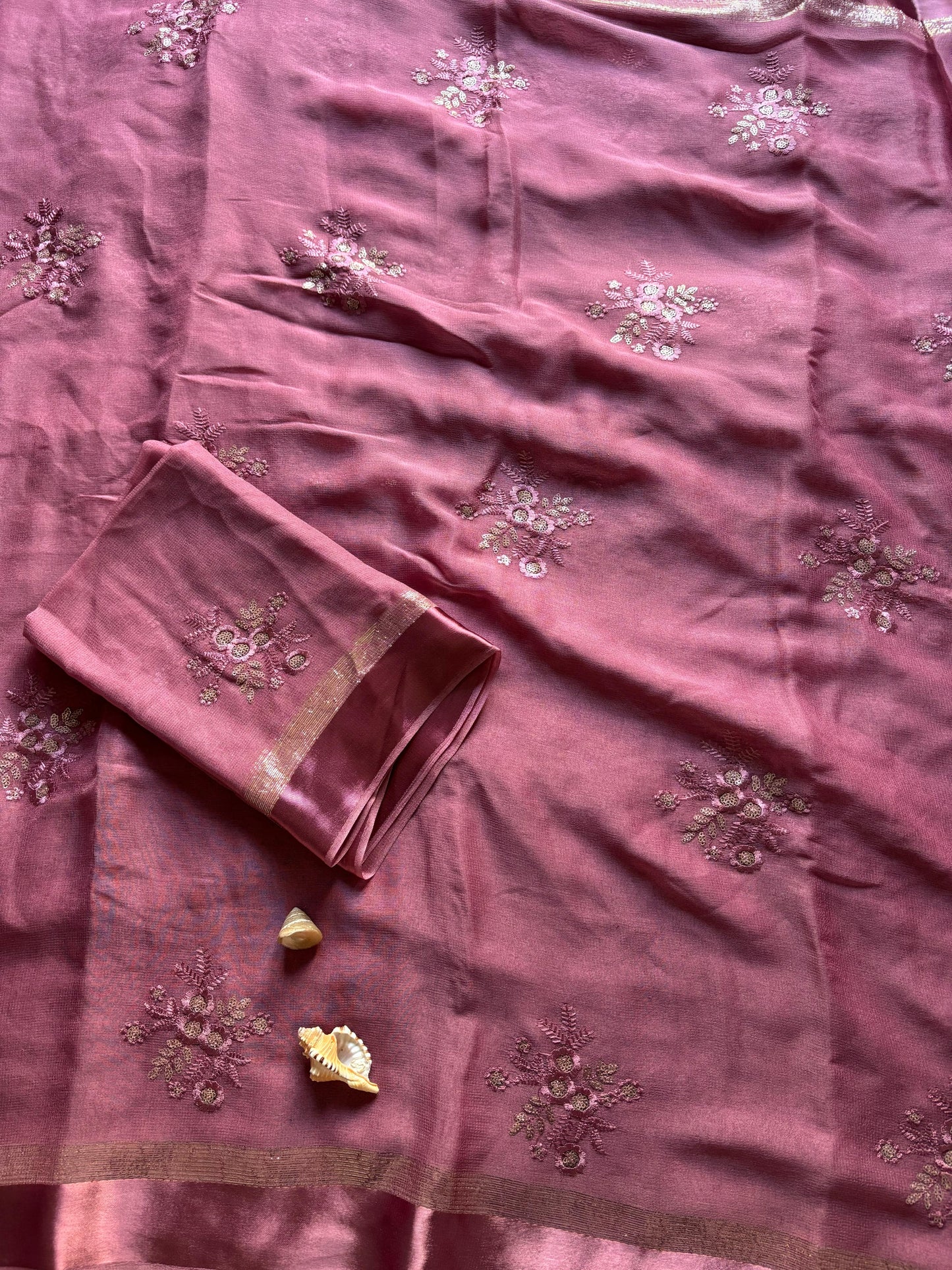 Viscous georgette saree with floral embroidery and satin border