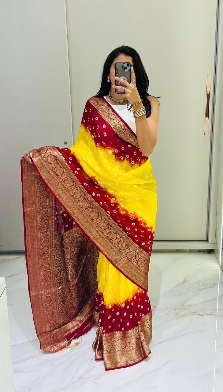 Semi dola silk with bandhini prints