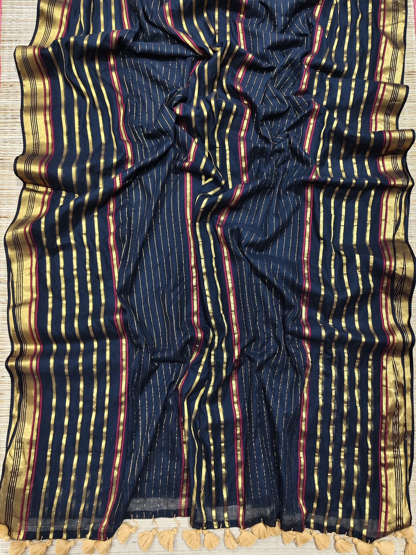 Pure and authentic mul cotton saree with zari stripes