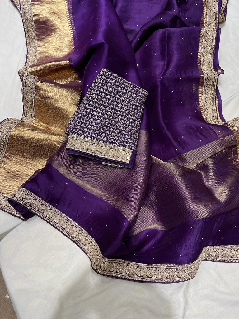 Pure organza saree with kanchi zari border and heavy blouse