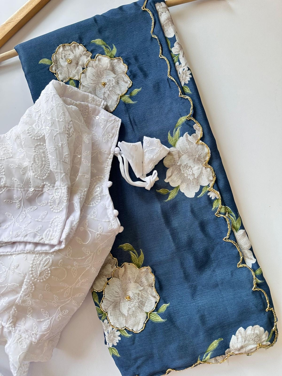 Floral chinon silk saree with embroidery
