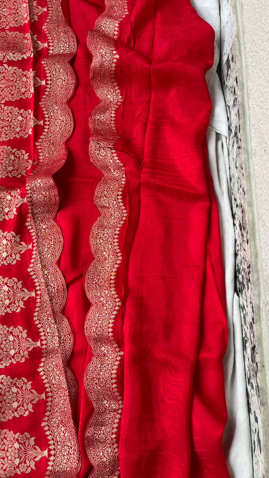 Pure banarasi munga silk saree with zari stripes and scalloped border