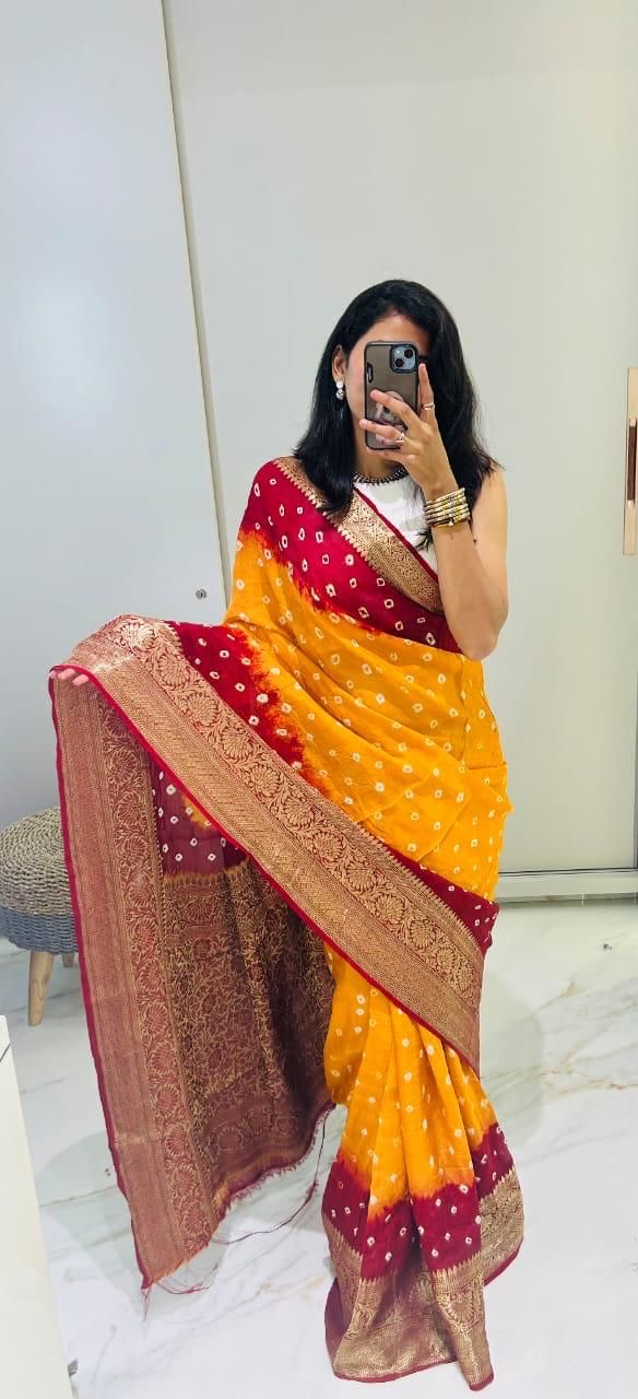 Semi dola silk with bandhini prints