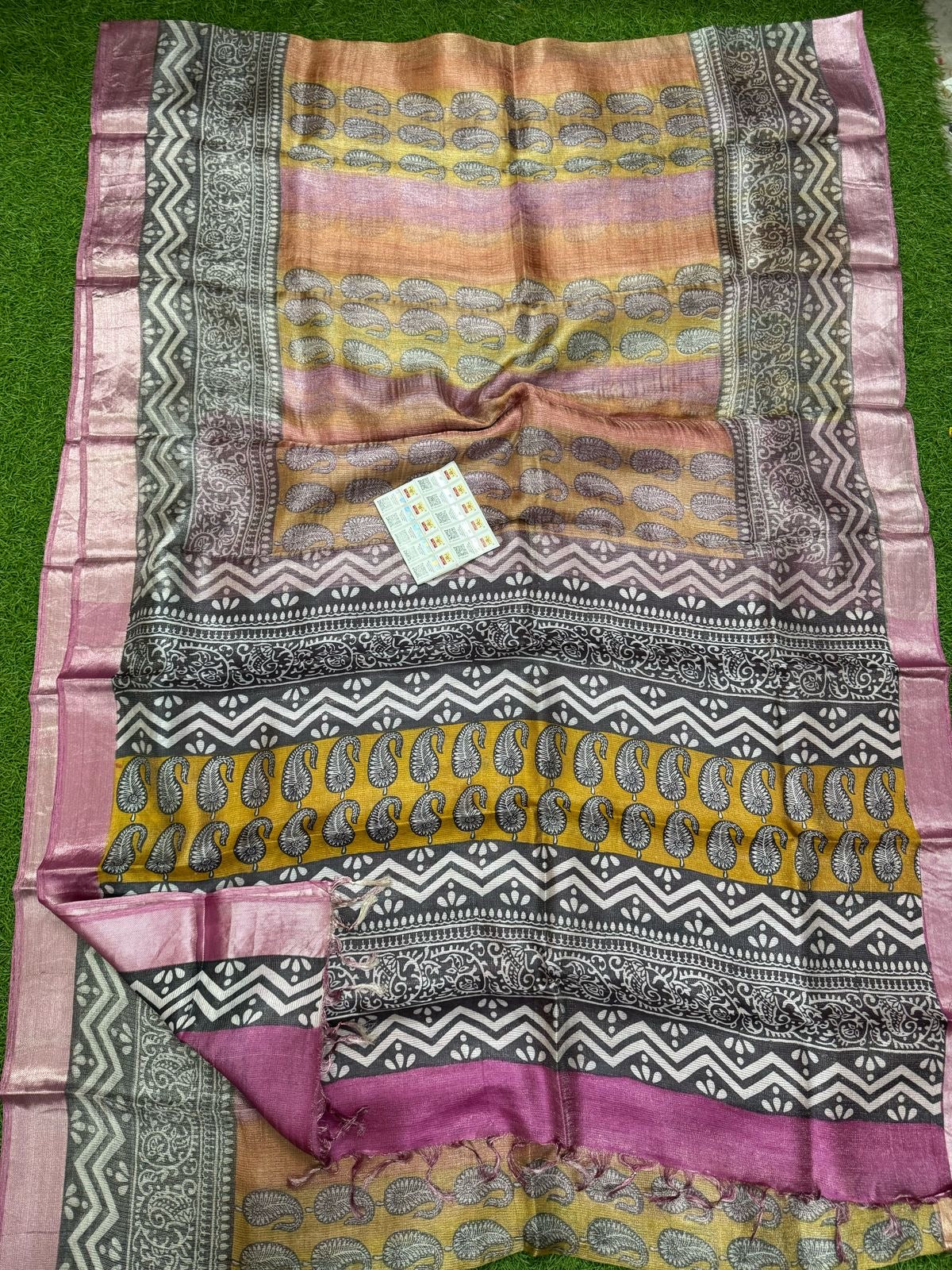 Beautiful soft tussar tissue printed silk saree (Prebooking)