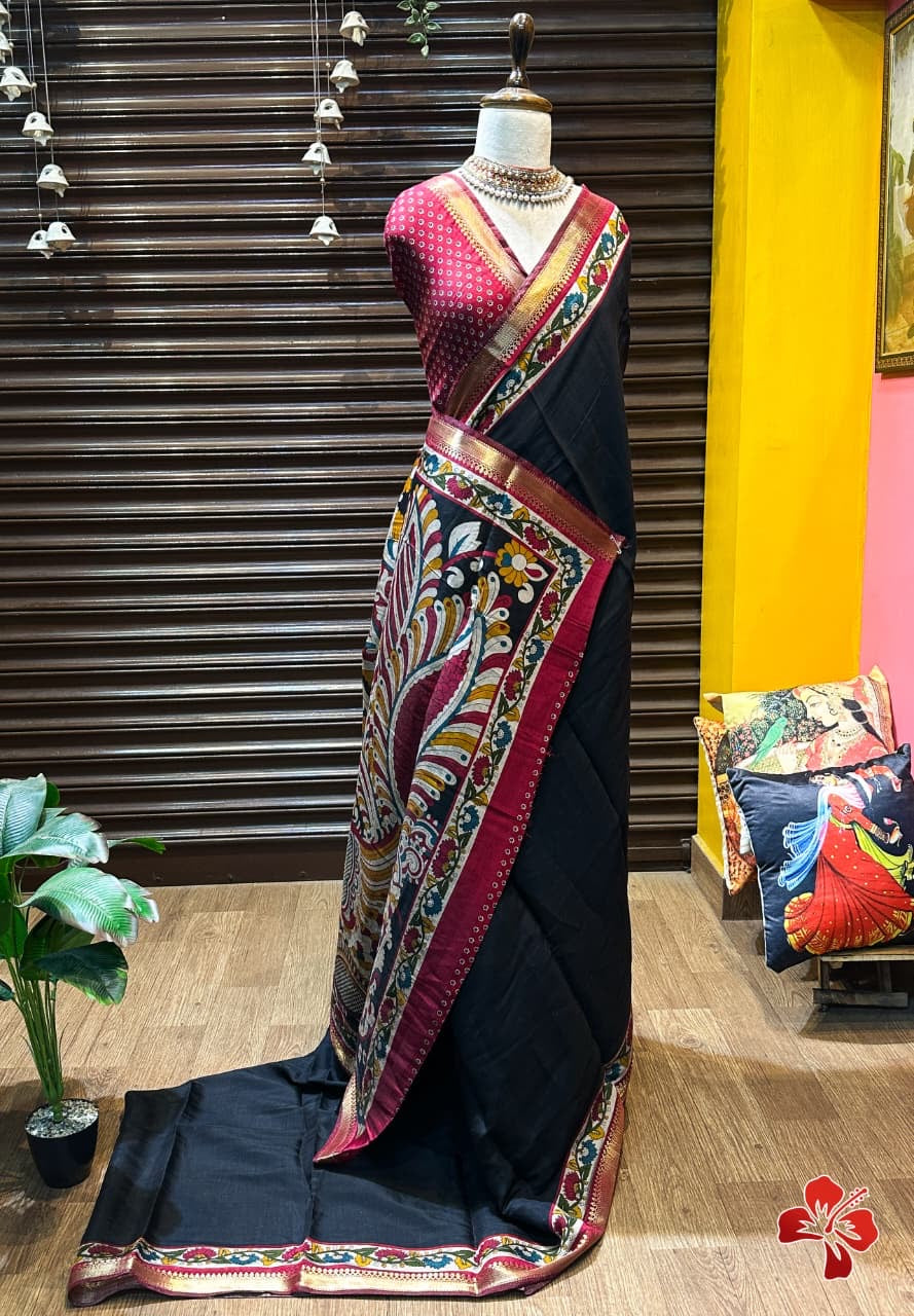 Soft viscous cotton saree with kalamkari printed border and pallu - black