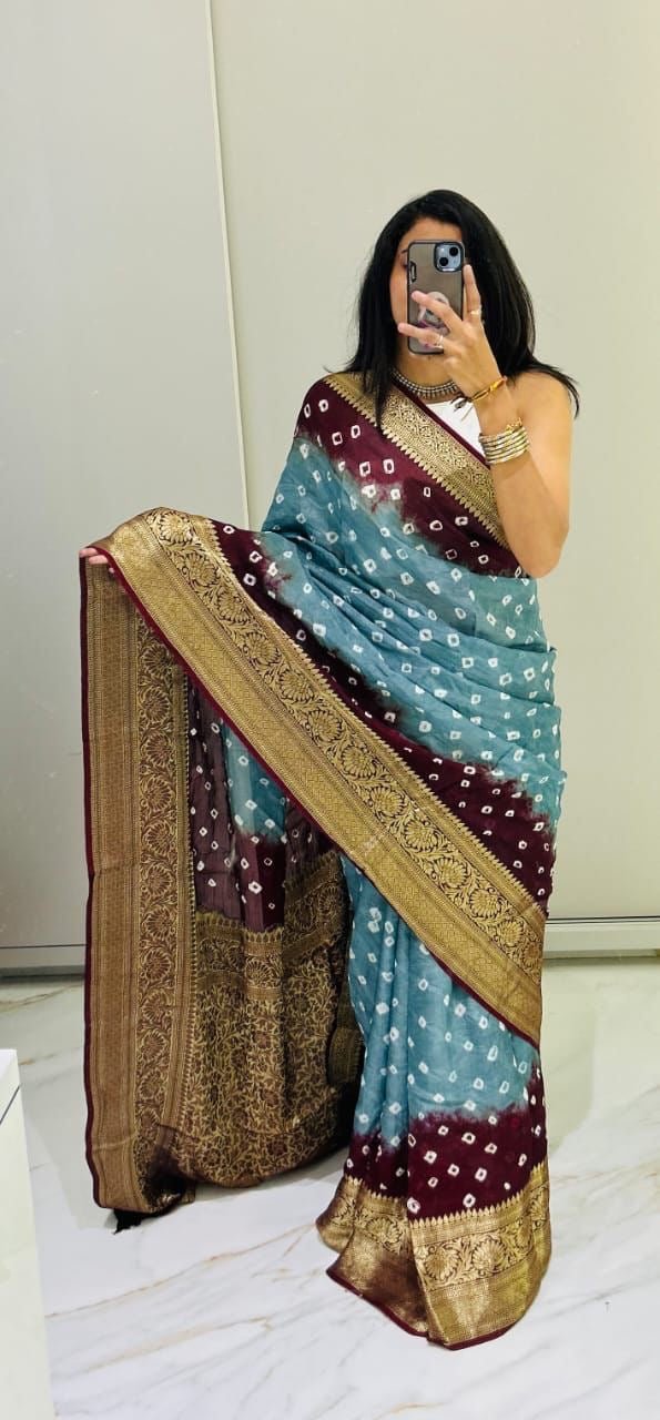 Semi dola silk with bandhini prints