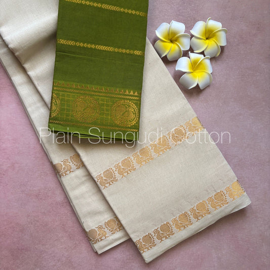 Pure plain sungudi cotton saree with double peacock border - white