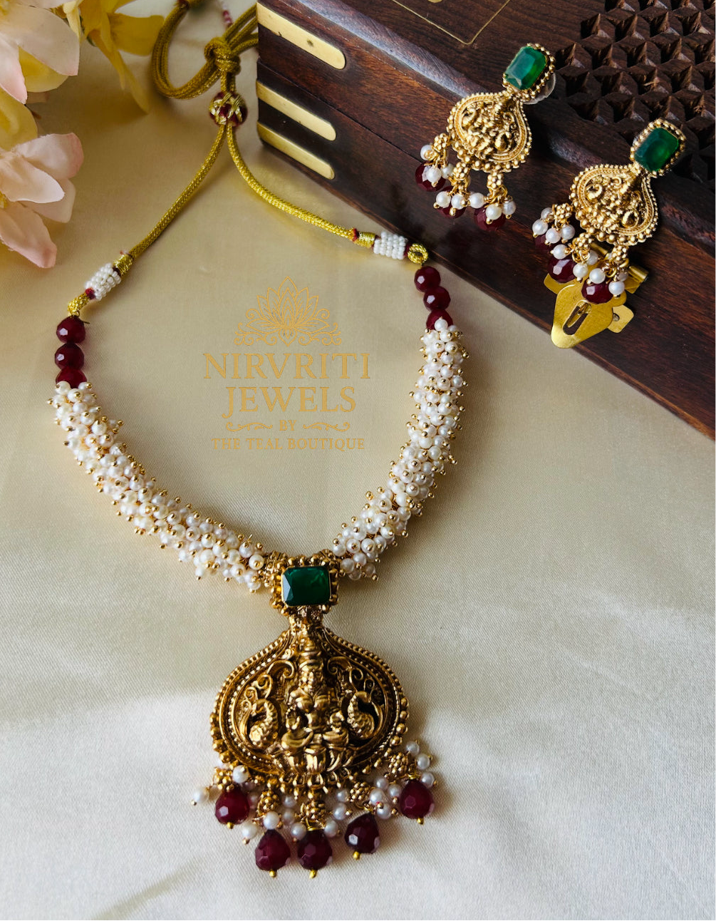 Clustered pearl Lakshmi necklace- Red beads