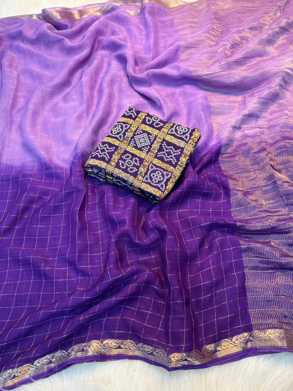 Beautiful ombre shaded viscous georgette check saree with bandhini blouse