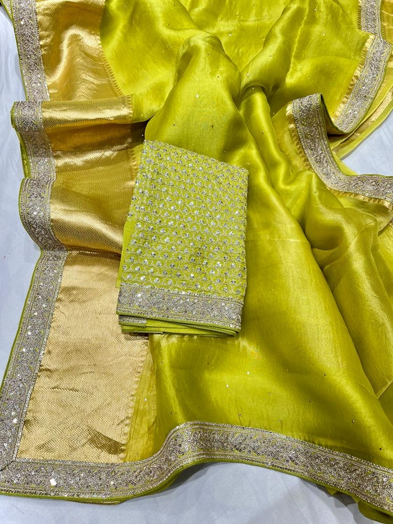 Pure organza saree with kanchi zari border and heavy blouse