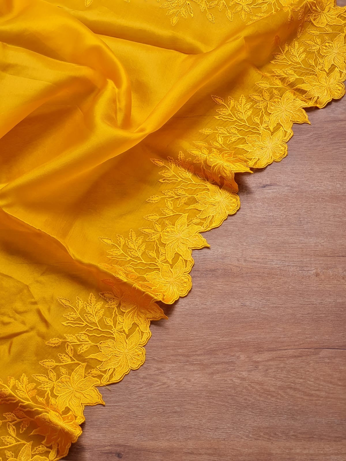 Pure organza silk saree with embroidery scallop border