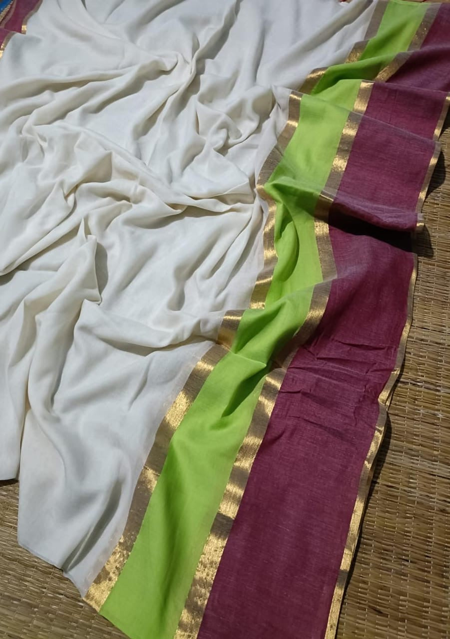 Pure mul cotton saree with dual shade border- wine & green