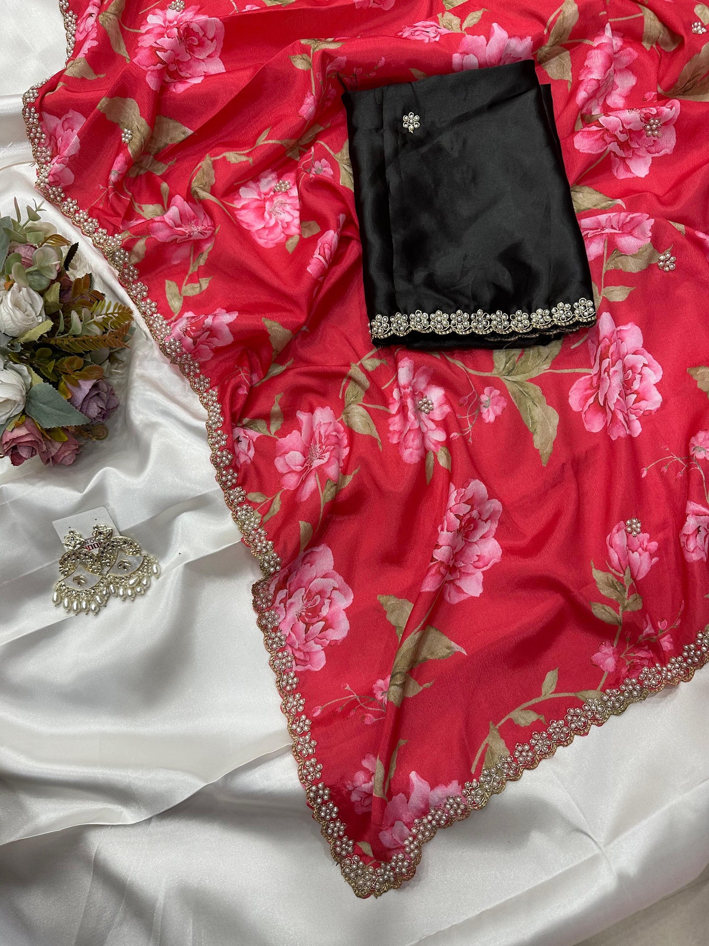 Floral chinon saree with beautiful pearl work border