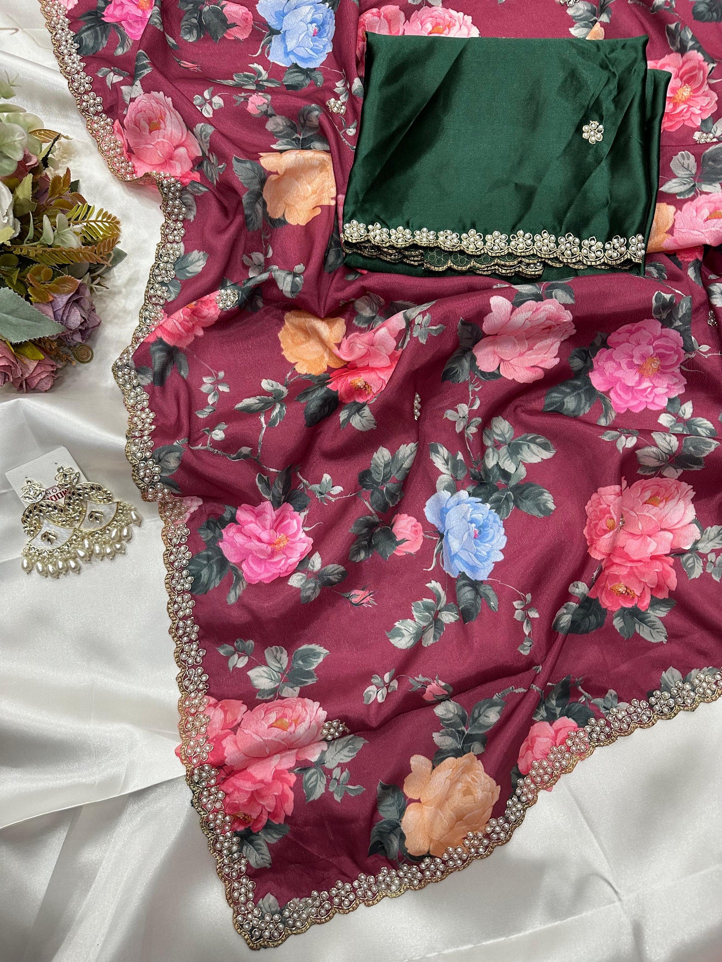 Floral chinon saree with beautiful pearl work border