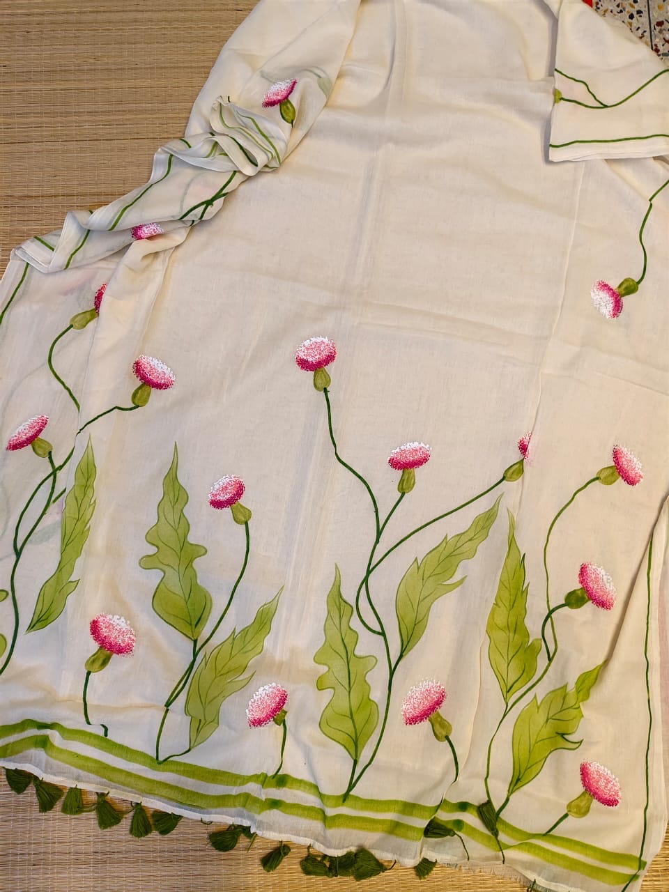 Pure mul cotton handpainted saree - globe amaranth
