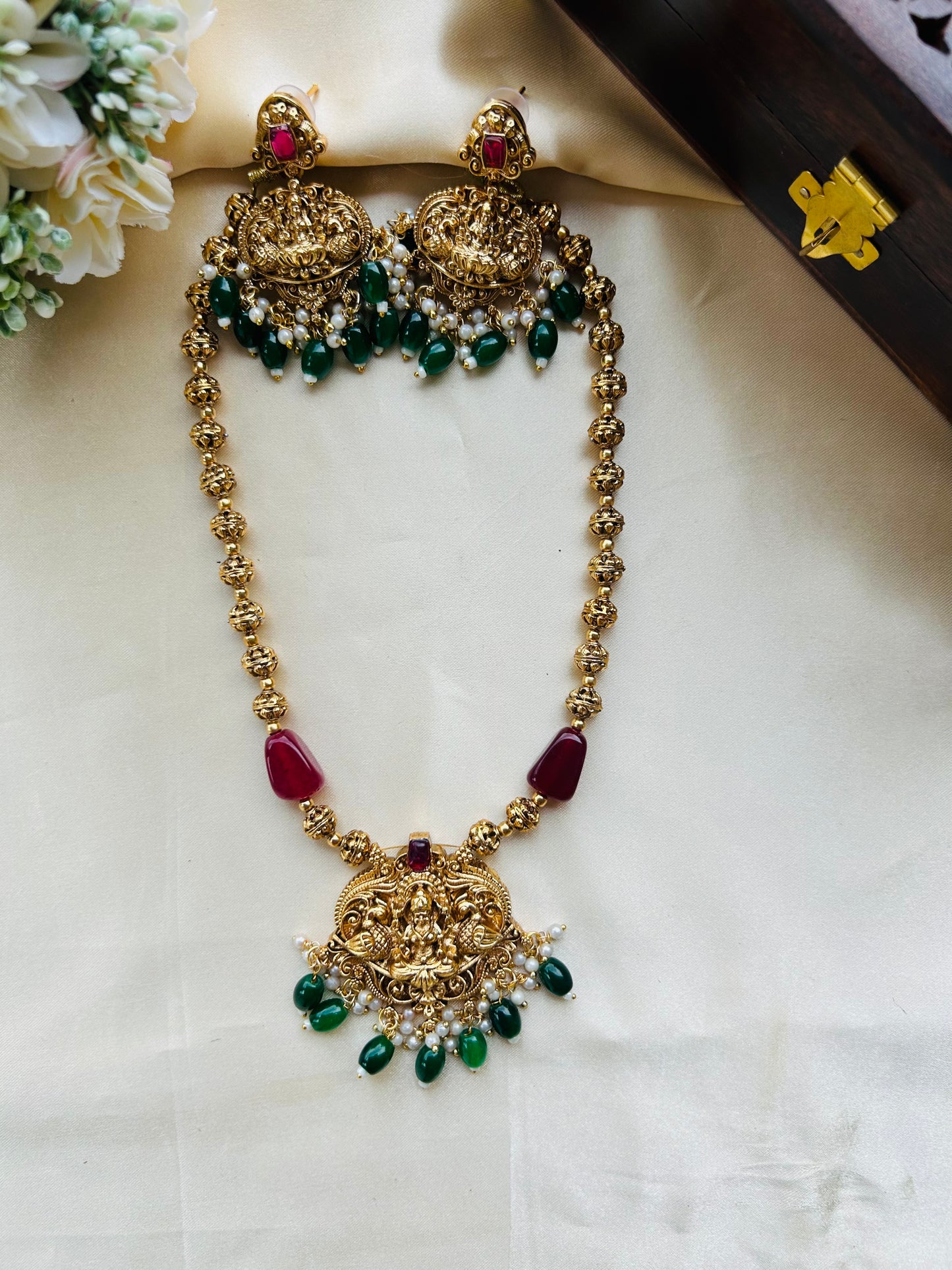 Beautiful Lakshmi temple pendant ruby beaded haaram