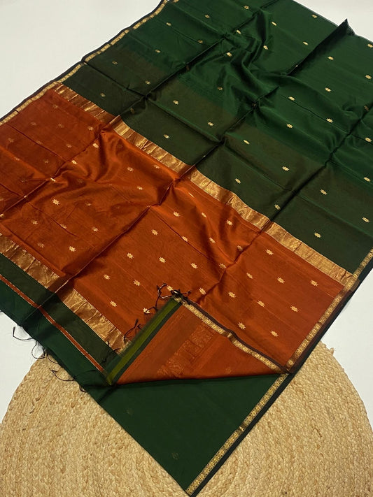 Pure Maheshwari silk cotton sarees with small border and buttis - contrast pallu and blouse