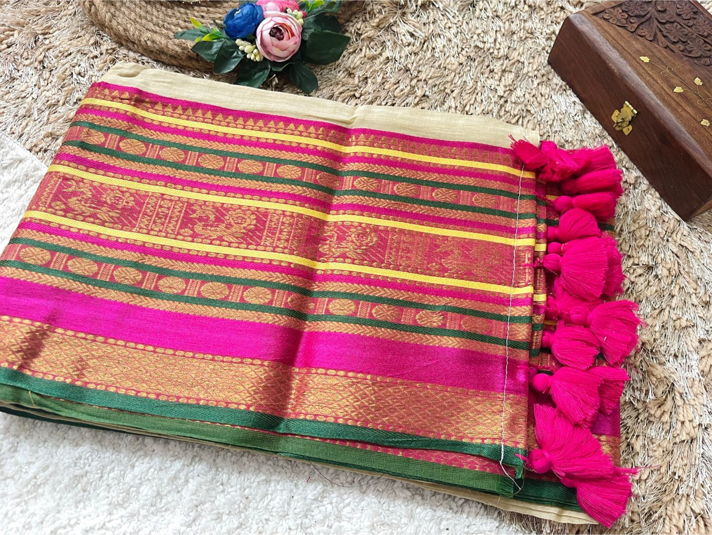 Premium pure mul cotton saree with pink tassels and jacquard border