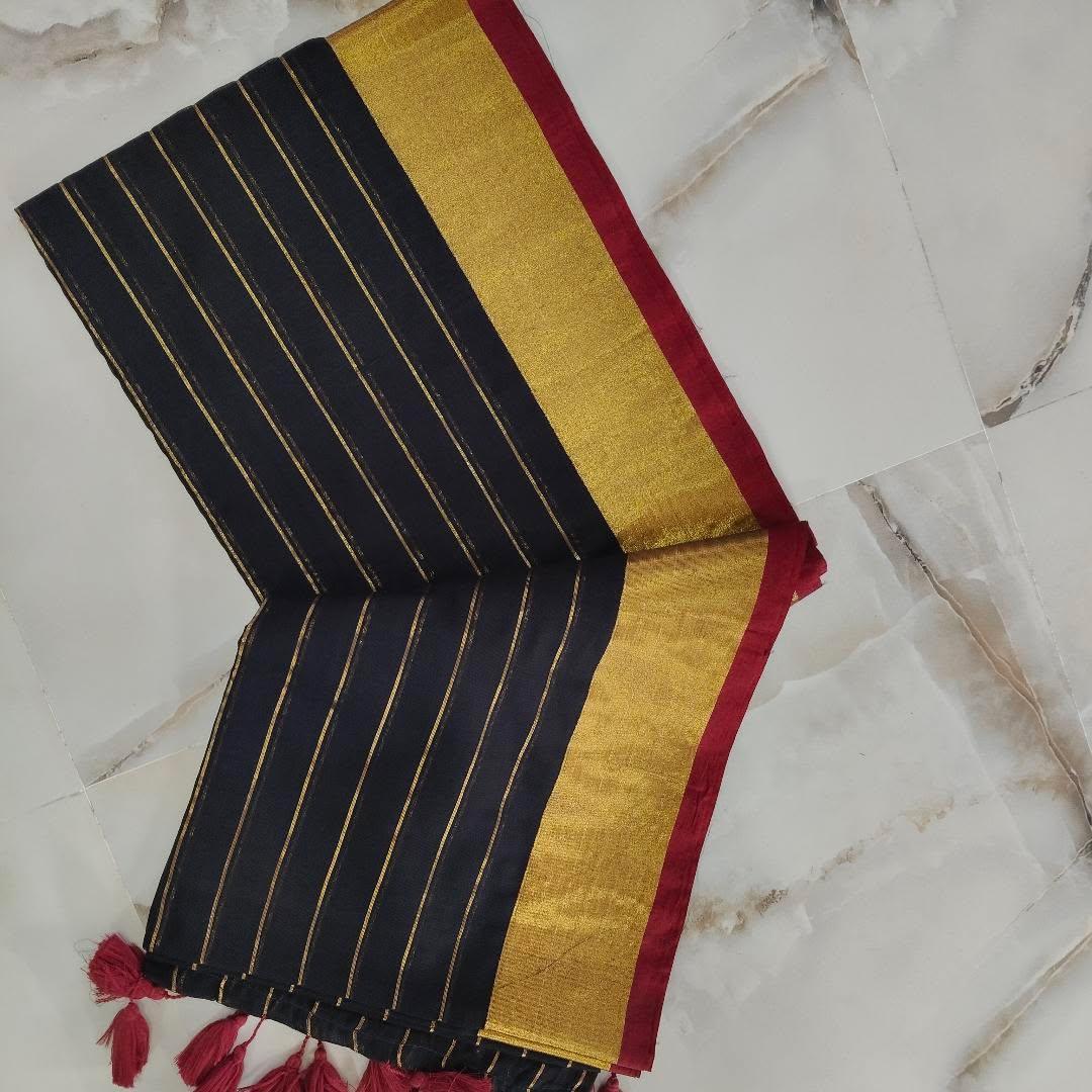 Onam collections! Pure mul cotton with zari stripes body and beautiful tassels - black