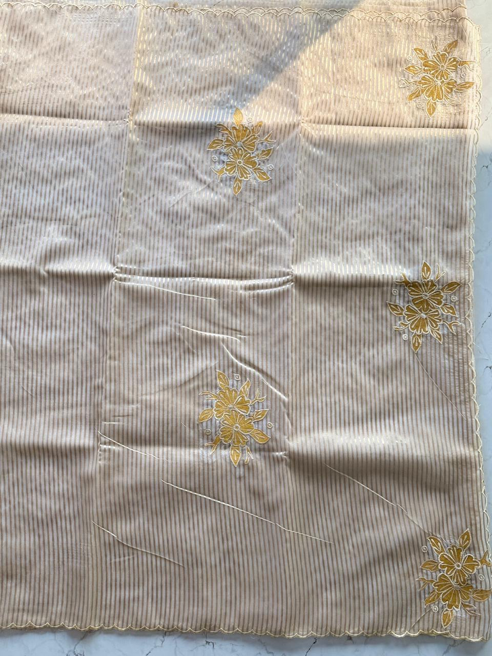 Premium semi organza saree with zari stripes weaving and appliqué work