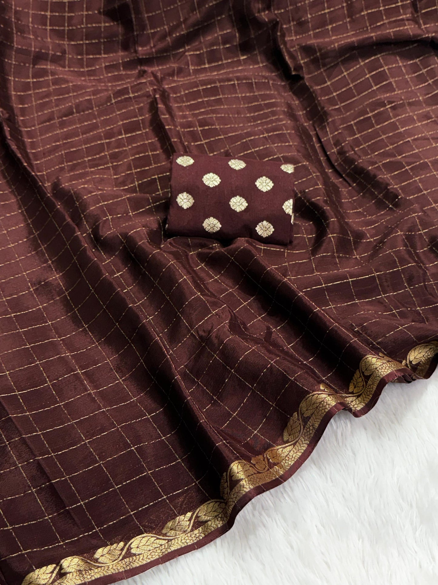 Pure viscous chinon silk with zari checks