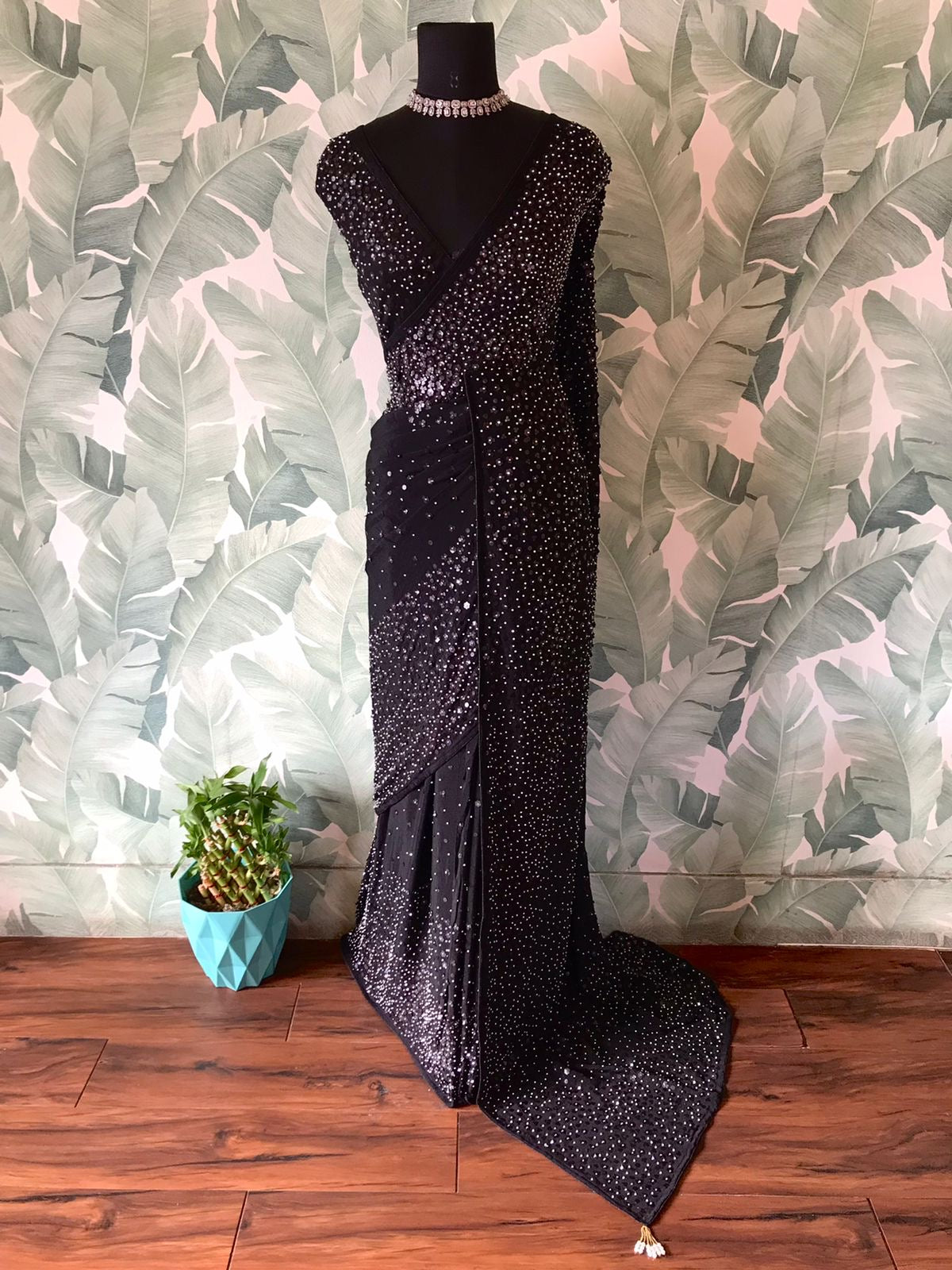 Pure Chinnon Silk saree with pearl sequins handwork