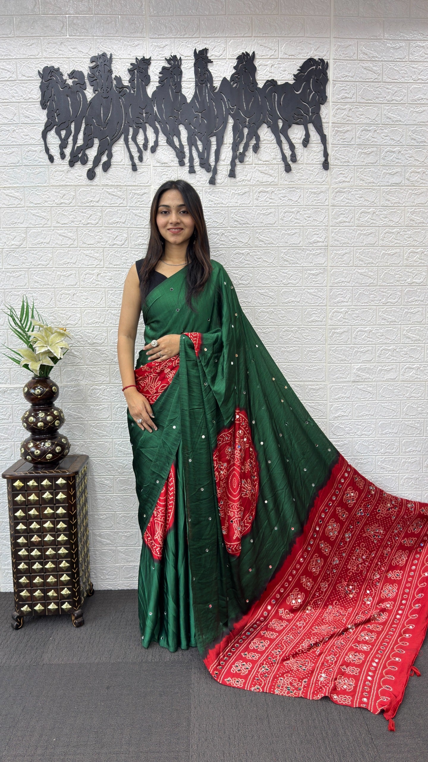 Soft satin crepe silk saree with Beautiful bandhini print and Real mirror work (prebooking)
