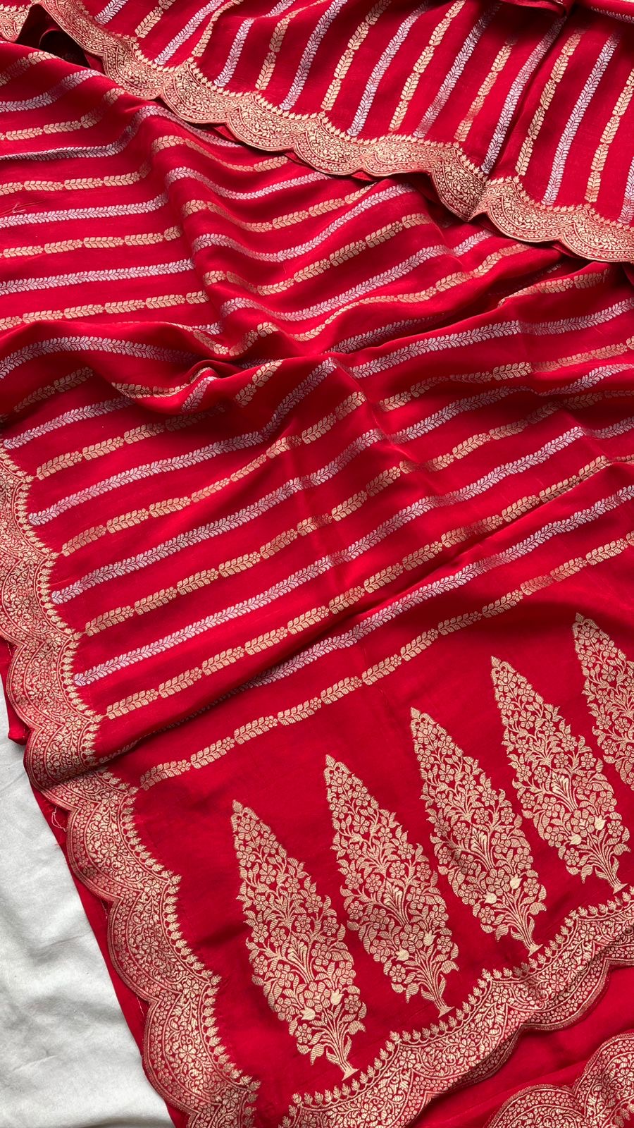 Pure banarasi munga silk saree with zari stripes and scalloped border