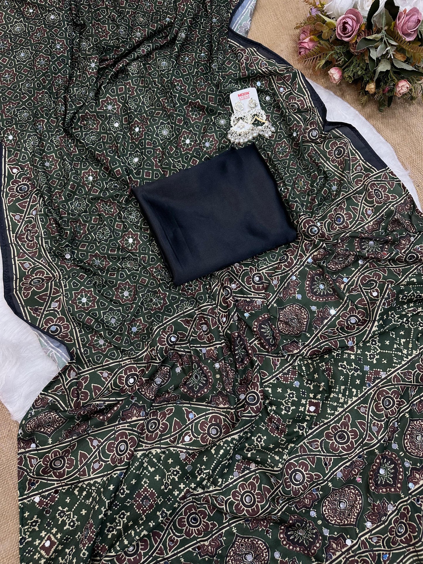 Beautiful semi crepe silk saree with ajrakh prints and mirror work