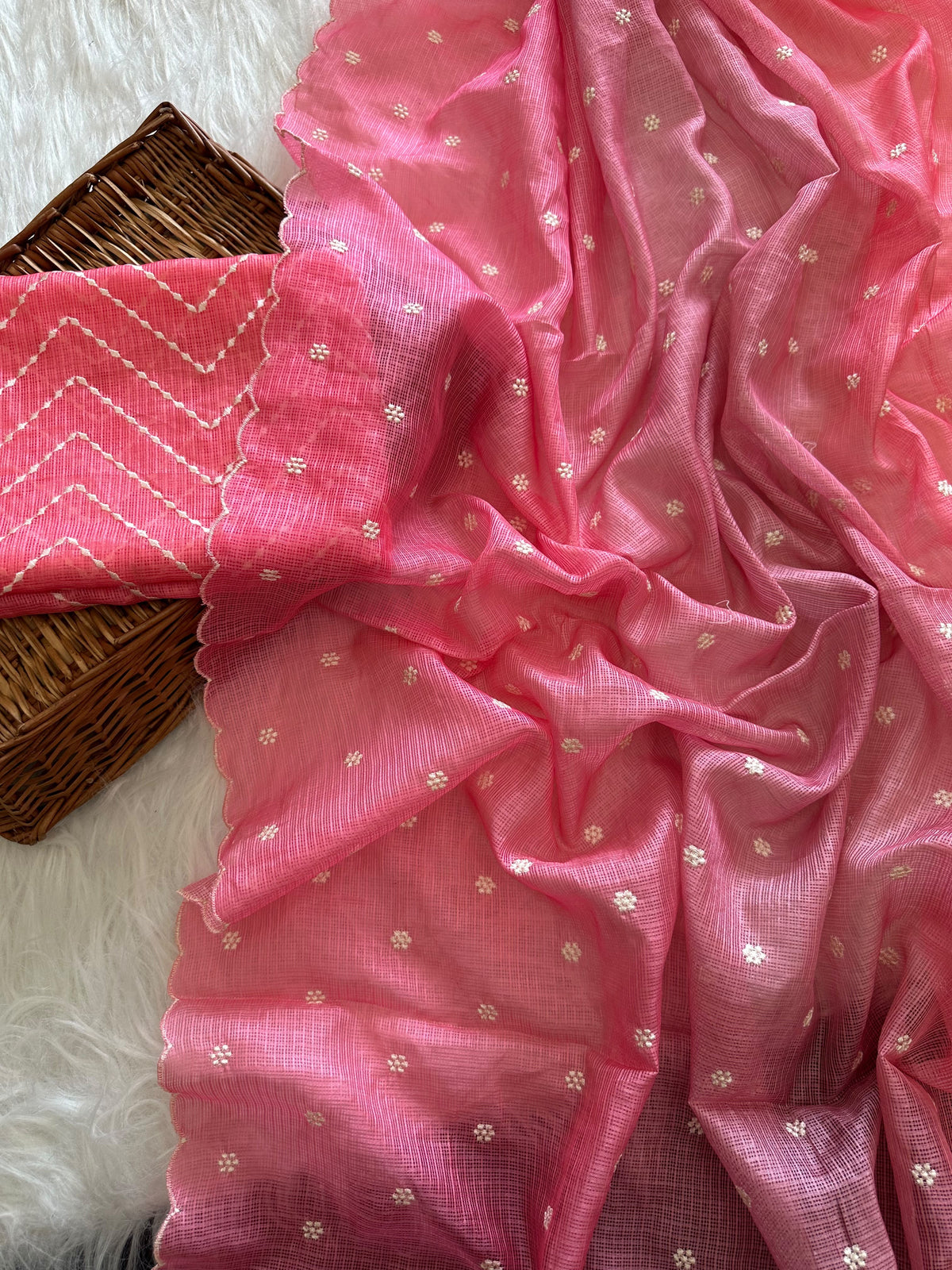 Beautiful kota doria saree with white buti weaving and scalloped border