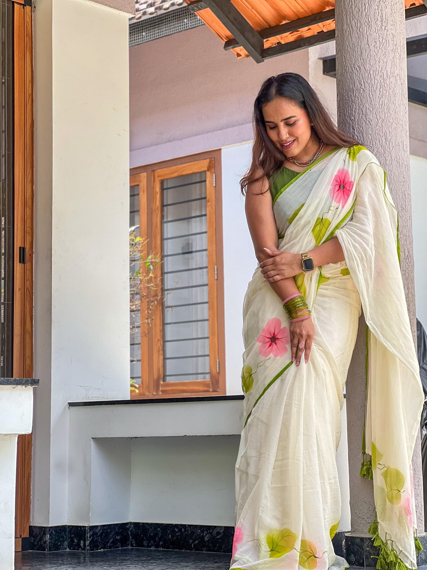 Pure mul cotton handpainted saree - Morning Glory