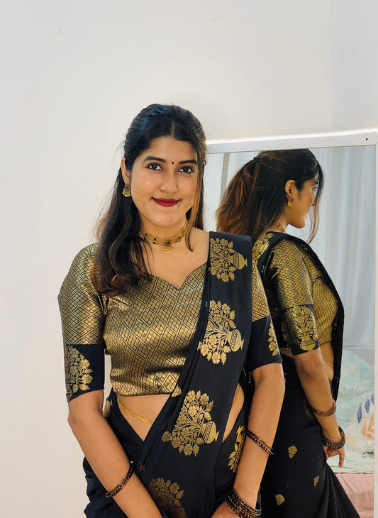 Semi katan Banarasi silk saree with beautiful weaving buttas