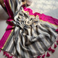 Beautiful pure authentic mul cotton saree with black stripes and pink border