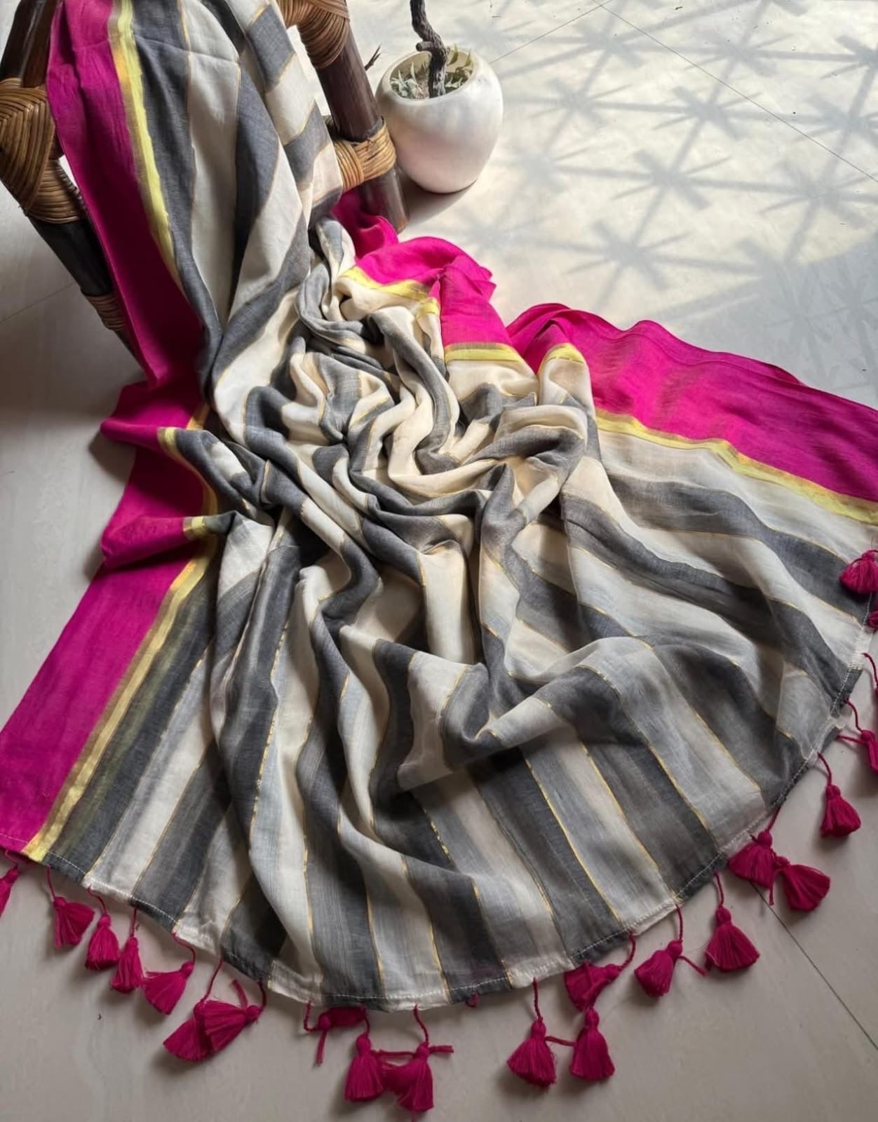 Beautiful pure authentic mul cotton saree with black stripes and pink border