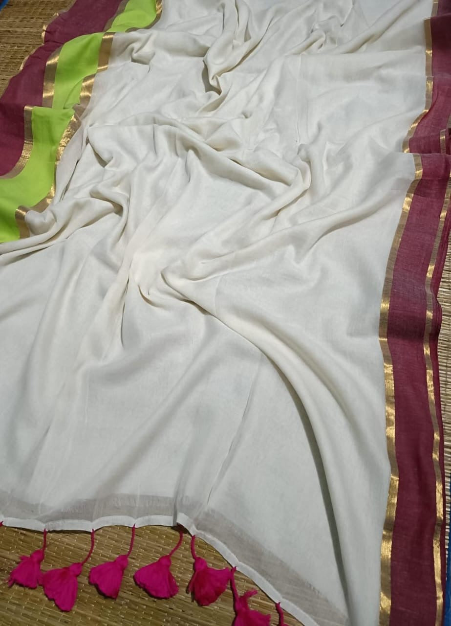 Pure mul cotton saree with dual shade border- wine & green
