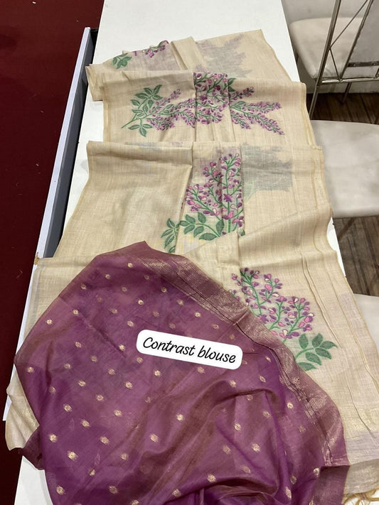 Soft off white muga cotton saree with floral weavings