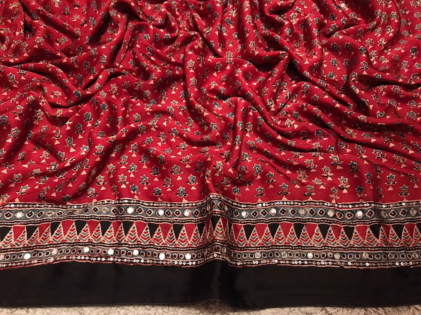Pure Handblock ajrakh print mirror work modal silk saree (Prebooking 35 days)
