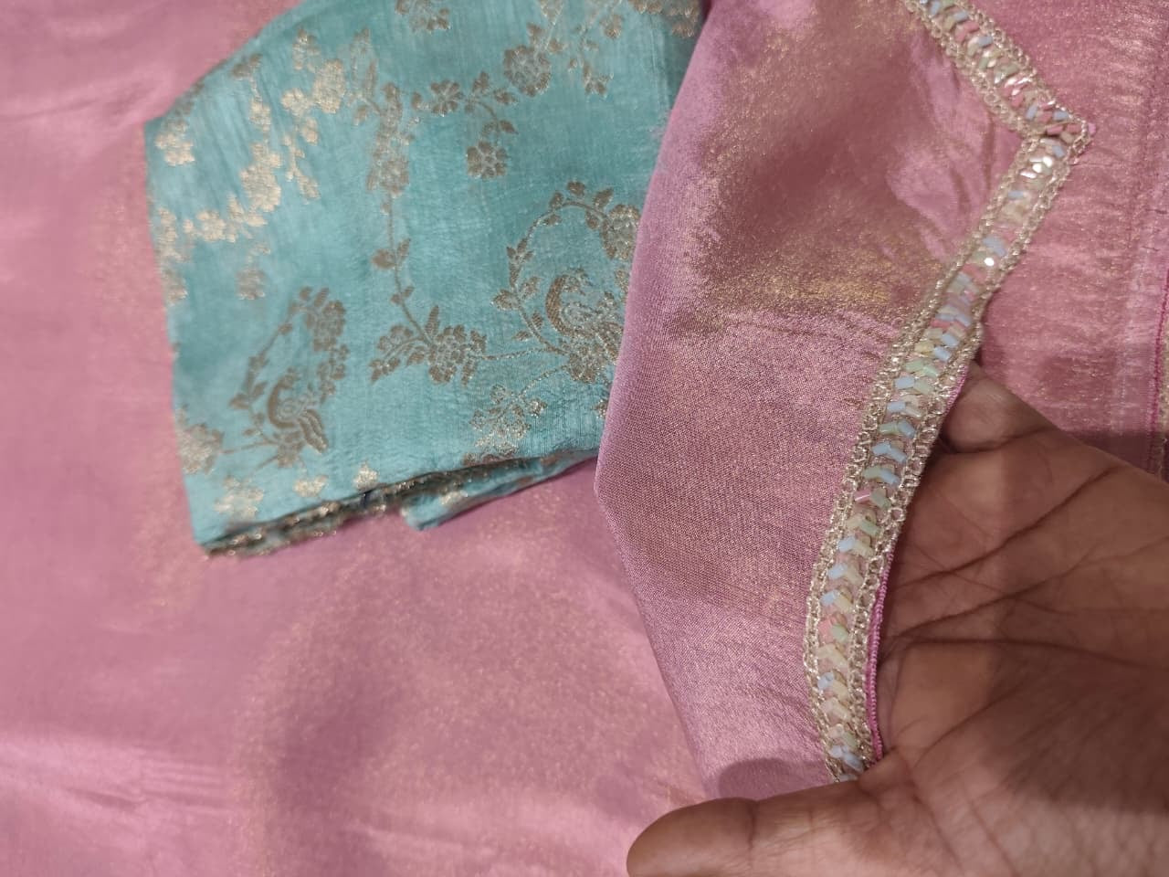Pure tissue silk saree with handwork cutdana border and Banarasi weaving blouse