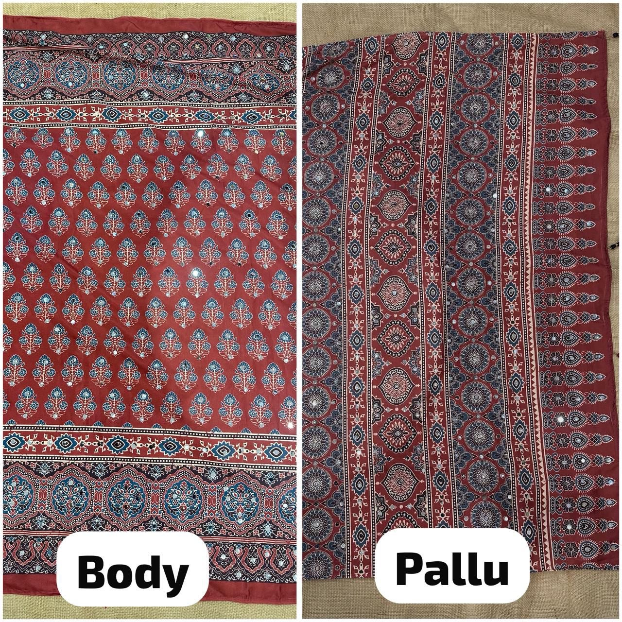 Beautiful semi crepe silk saree with ajrakh prints and mirror work