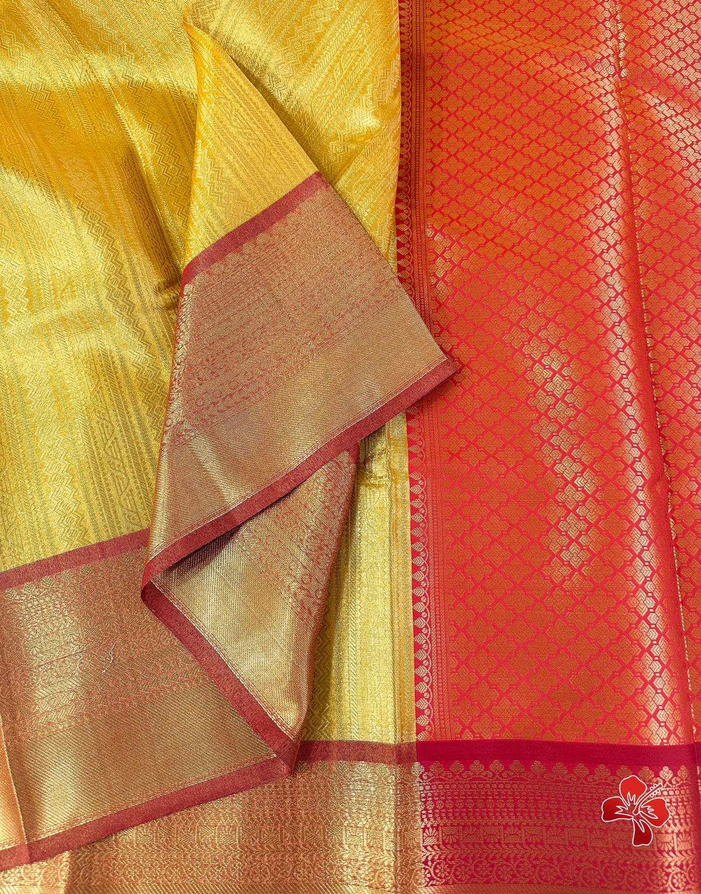 Banarasi tissue kanchi style yellow saree with contrast red border
