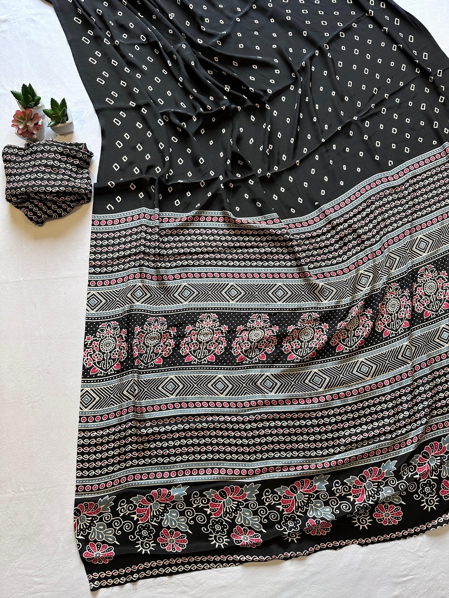 Soft semi gajji modal silk saree with ajrakh pallu