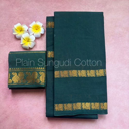 Pure plain sungudi cotton saree with double peacock border - green