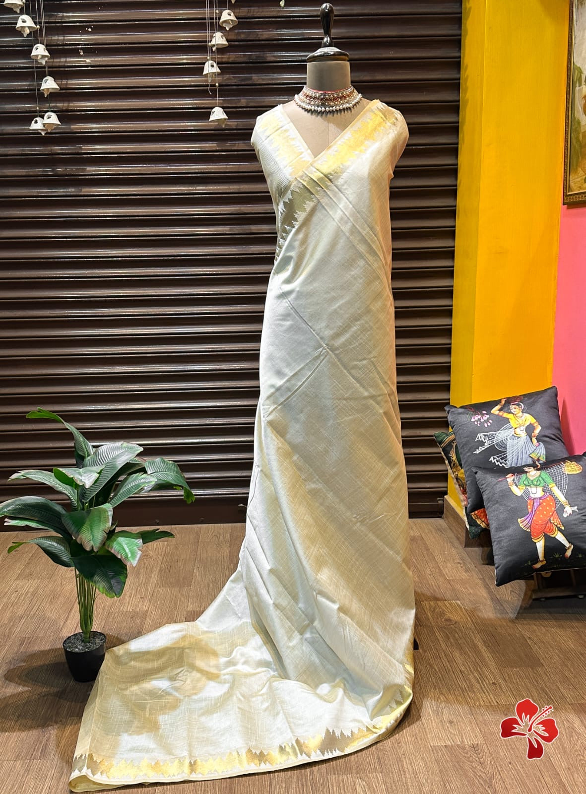 Semi tussar silk with zari border - ecg