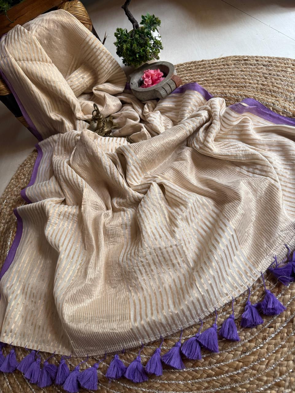 Mul cotton with zari stripes - purple