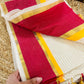 Pure and authentic mul cotton saree with zari stripes all over body and red yellow border