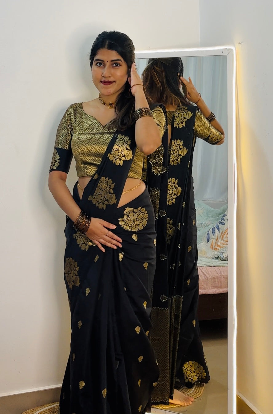 Semi katan Banarasi silk saree with beautiful weaving buttas